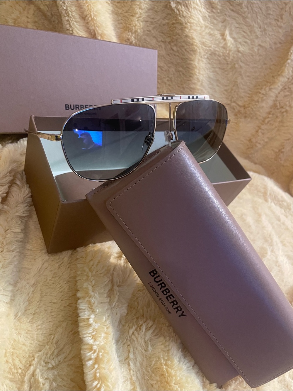 Burberry Silver Frame Sunglasses with Gradient Blue-Gray Lenses